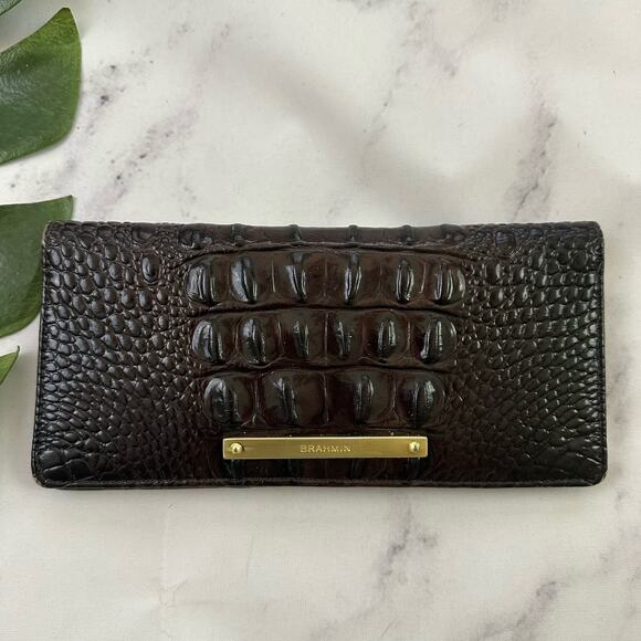Brahmin Ady Wallet Dark Brown Crocodile Texture Leather Envelope Slim1